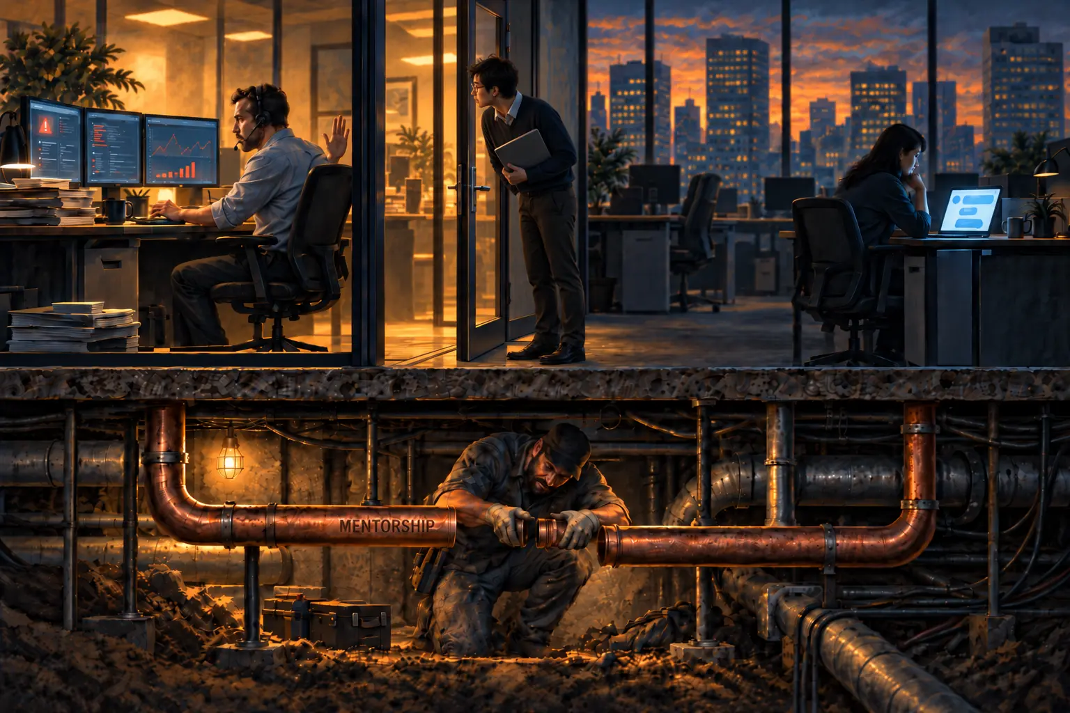 Cut-away illustration of an office at dusk: a senior engineer on a call raises a hand to wave off a junior colleague leaning in at his open glass door, while another employee sits alone lit by a laptop chat window; beneath the floor, an IT technician kneels in a crawlspace holding together two copper pipes, one stencilled MENTORSHIP, that fail to meet.