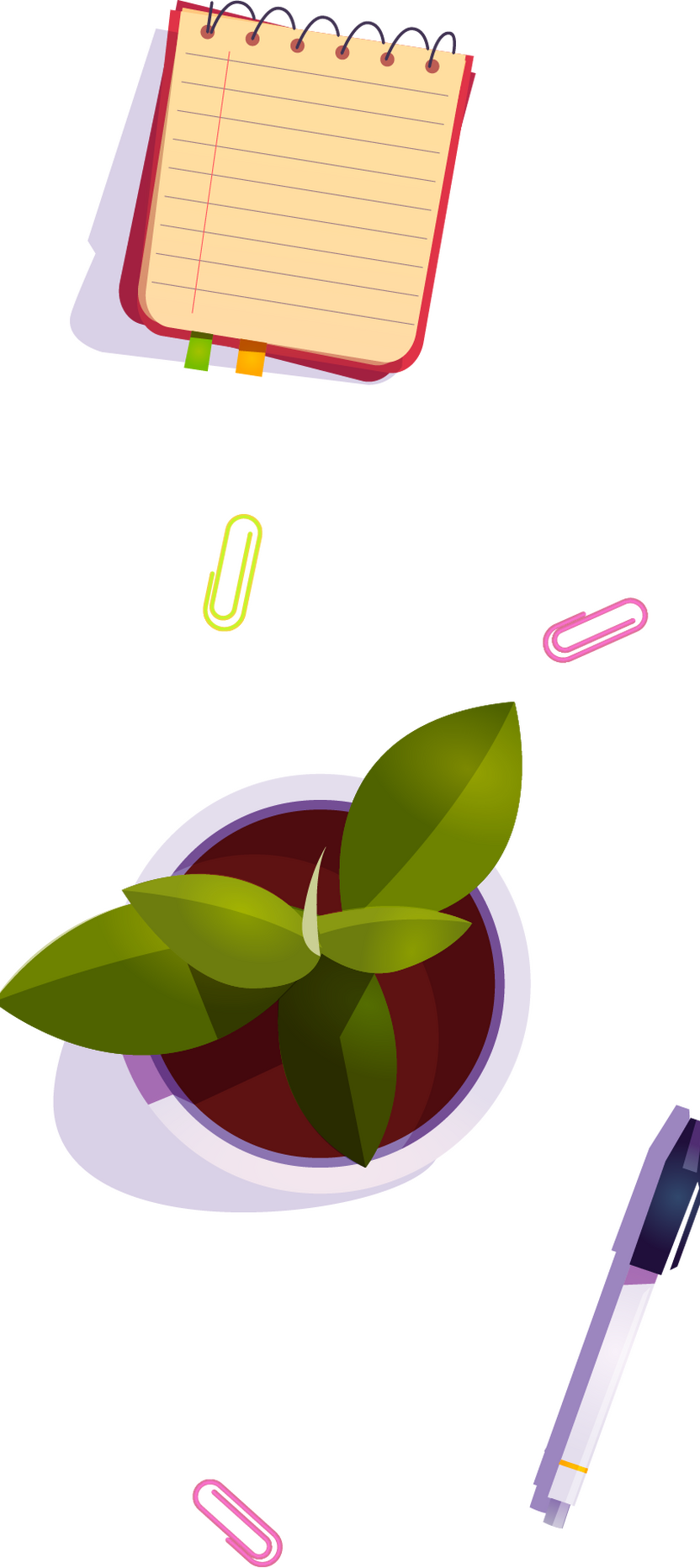 Illustration of a notepad, paper clips, a potted plant and a pen on a desk