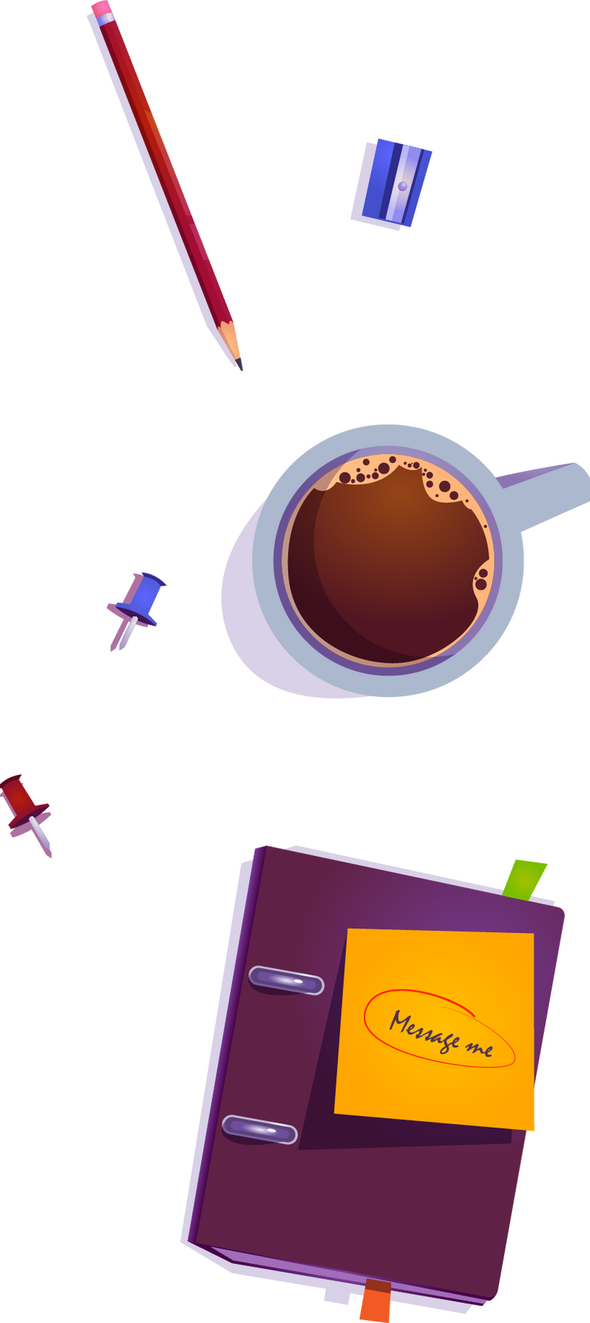 Illustration of a coffee cup, a smartphone, a plant and stationery on a desk